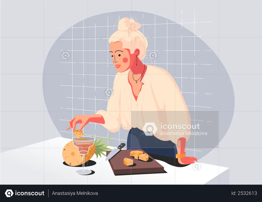 Chica cocinando comida en la cocina.  Ilustración