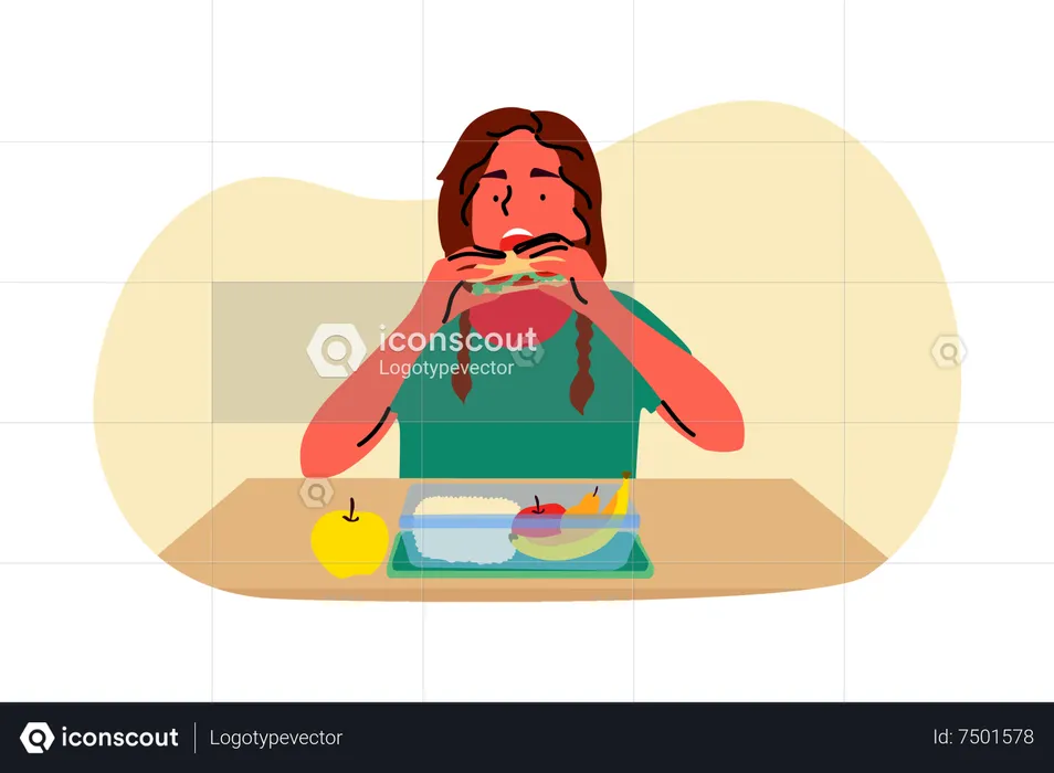 Chica comiendo el almuerzo de la lonchera  Ilustración