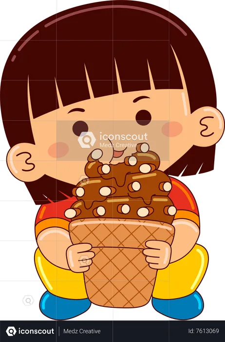 Chica comiendo café cono de helado de almendras  Ilustración