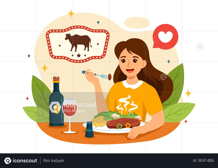 Niña comiendo carne  Ilustración