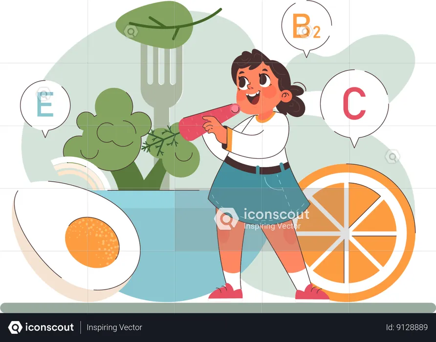 Niña comiendo comida sana  Ilustración