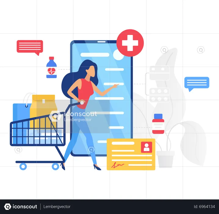 Chica comprando medicamentos online  Ilustración