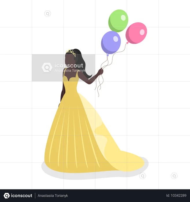 Niña disfrazada de princesa sosteniendo globos  Ilustración