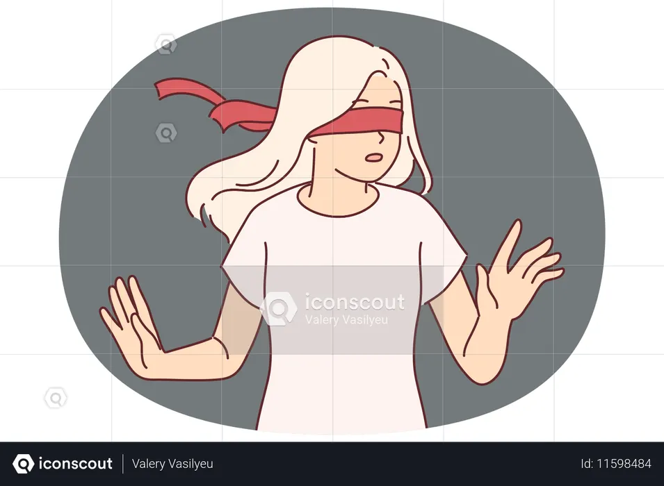 Una niña con los ojos vendados no puede navegar en el espacio debido a la ceguera forzada y gira con emociones de miedo.  Ilustración