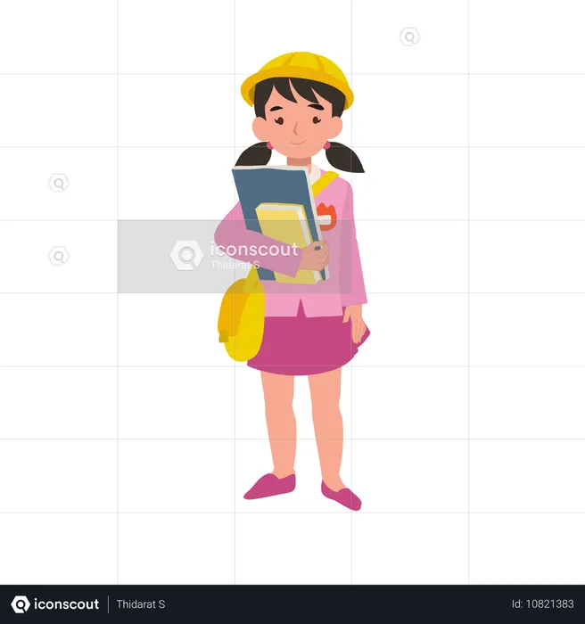 Niña con uniforme de jardín de infantes sosteniendo un libro de texto para educación  Ilustración