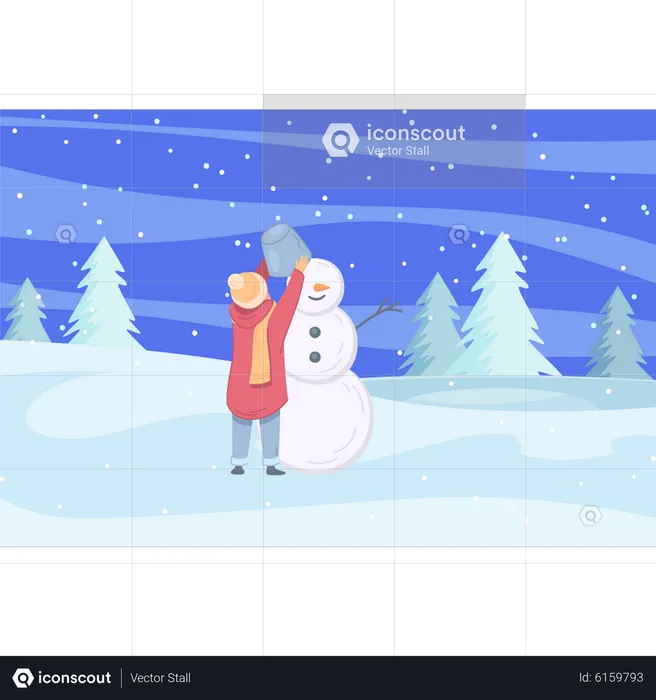 Niña construir muñeco de nieve  Ilustración
