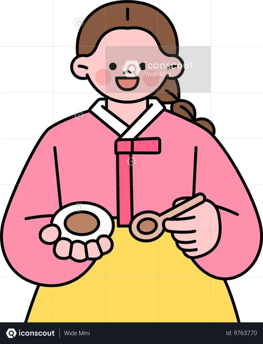 Chica coreana comiendo comida  Ilustración