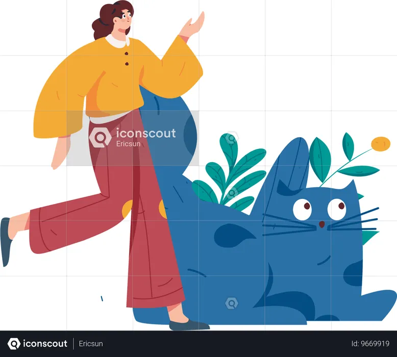 Chica corriendo con gato mascota  Ilustración