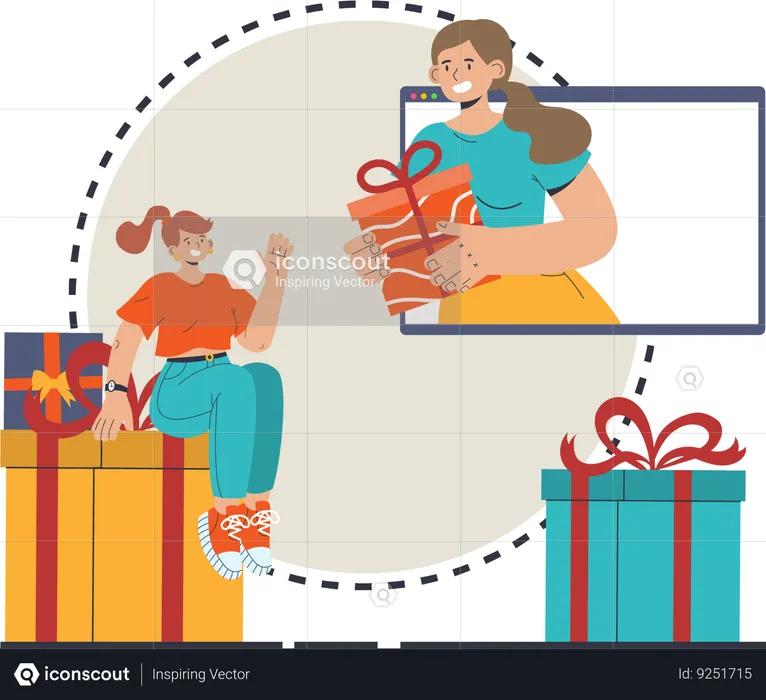 Chica dando regalo en línea  Ilustración