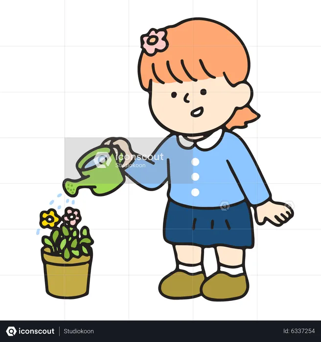 Niña de jardín de infantes regando una flor  Ilustración