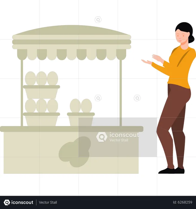 Chica parada cerca del puesto de huevos  Ilustración