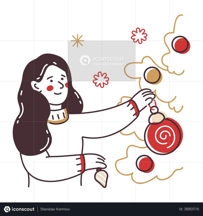 Niña decorando el árbol de navidad  Ilustración