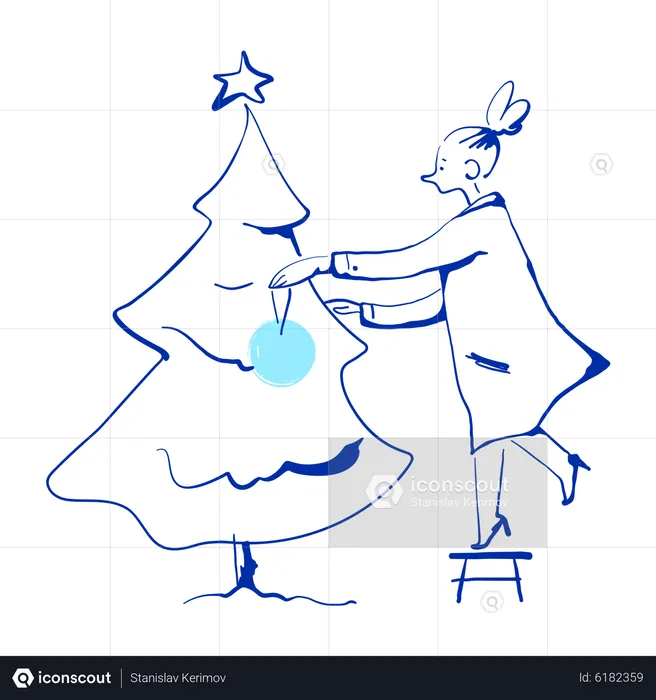 Niña decorando el árbol de navidad  Ilustración