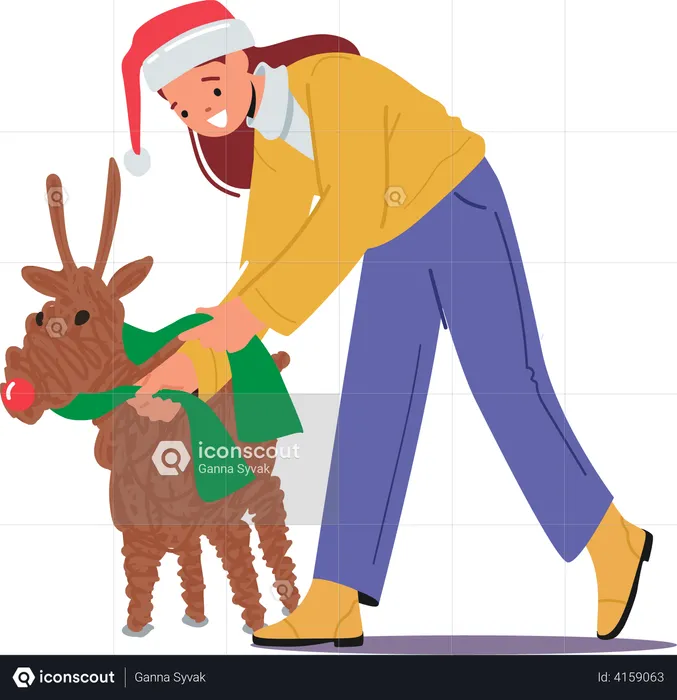 Niña decorando renos navideños  Ilustración