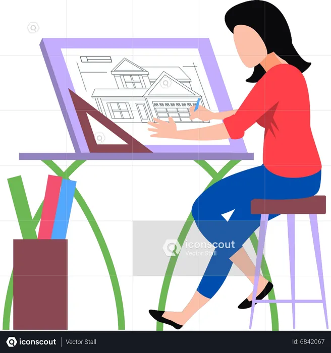 Chica dibujando el diseño de la casa.  Ilustración