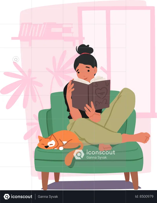 La niña disfruta leyendo un libro con su gato  Ilustración