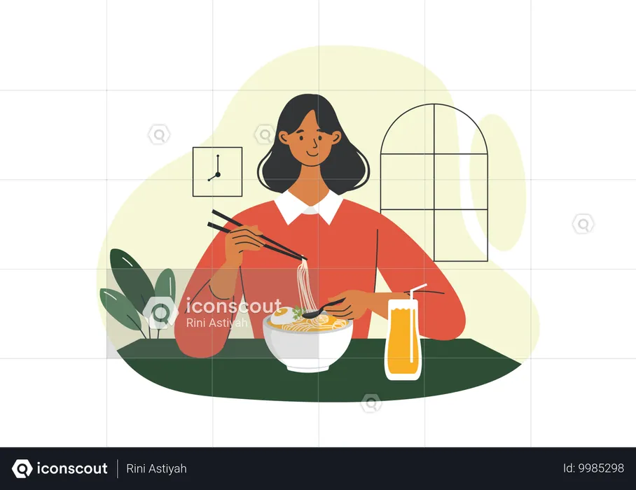 Chica disfrutando de la comida en casa  Ilustración