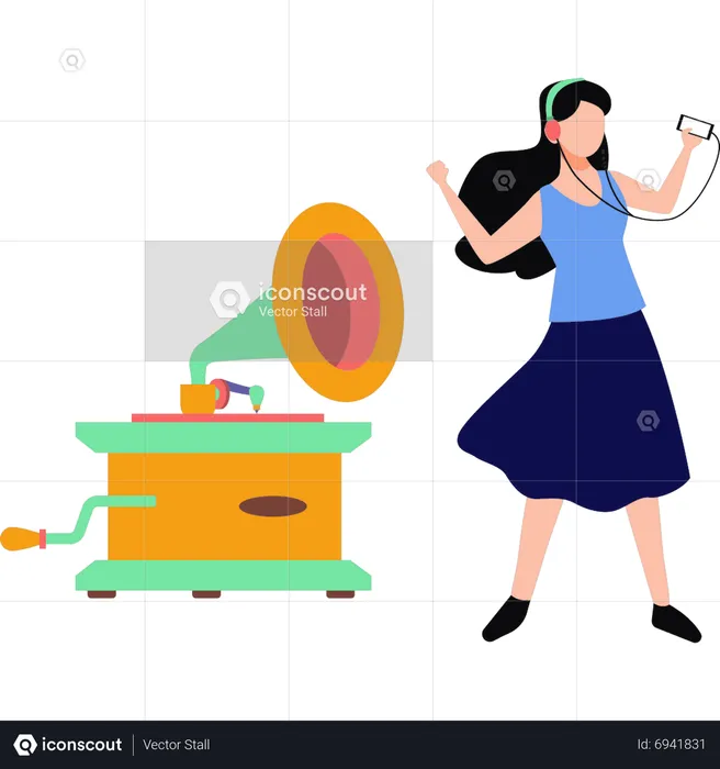 Chica disfrutando de la música con auriculares  Ilustración