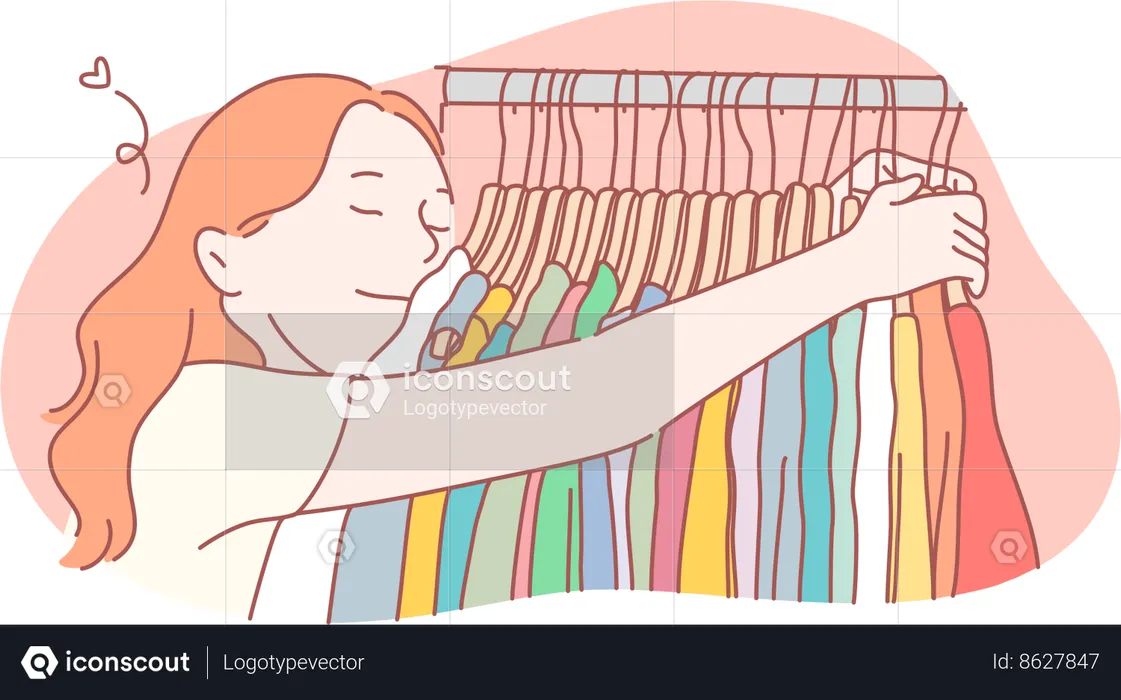 La niña es feliz mientras compra su ropa favorita.  Ilustración