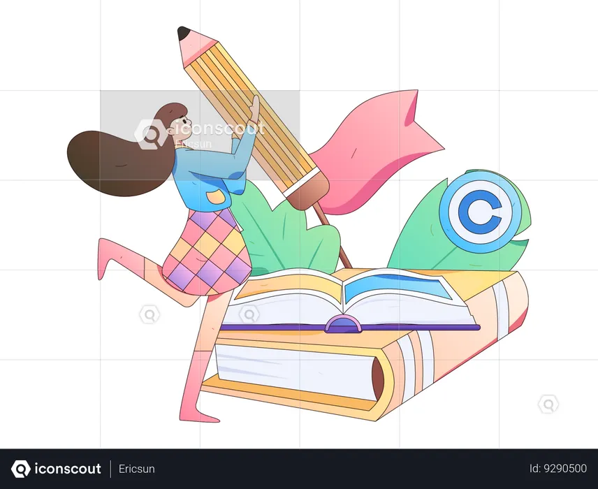 Chica escribiendo un libro innovador  Ilustración