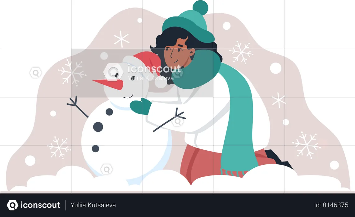 Niña esculpe un muñeco de nieve  Ilustración