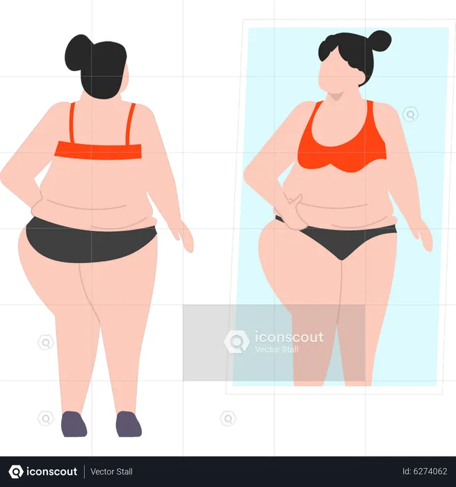 La chica está comprobando su peso en el espejo.  Ilustración