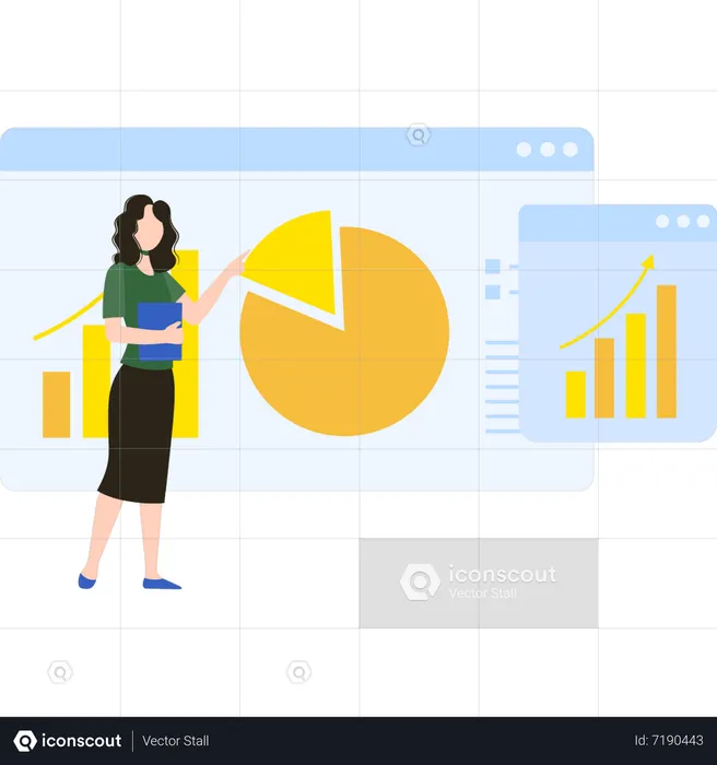 La joven está dando una conferencia sobre el gráfico de negocios.  Ilustración