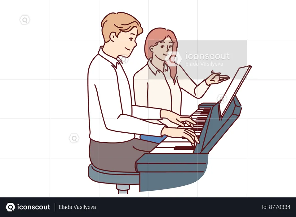 La muchacha le está enseñando piano al hombre  Ilustración