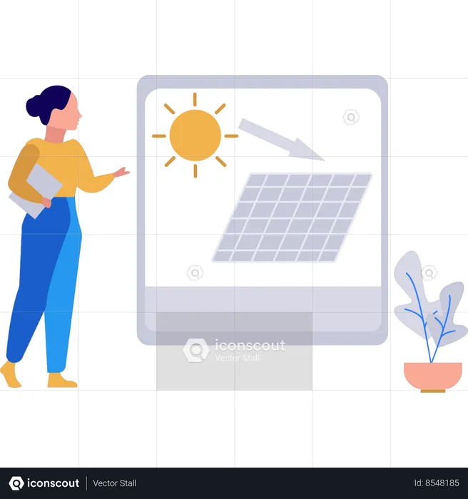 La muchacha está explicando los beneficios de la energía solar.  Ilustración