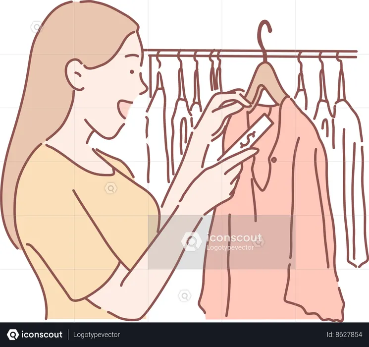 La chica está haciendo compras de tela.  Ilustración