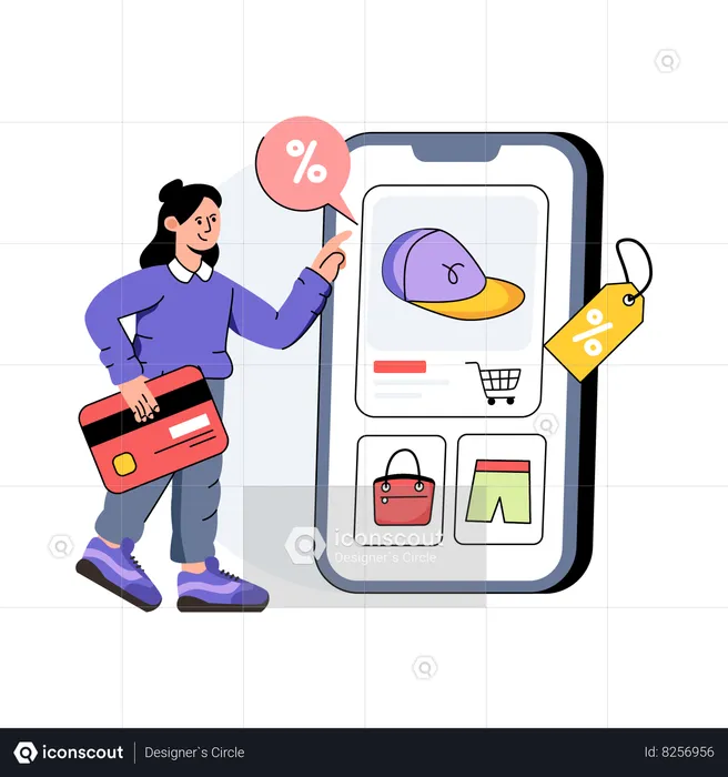 La chica está haciendo compras desde la aplicación de comercio electrónico  Ilustración