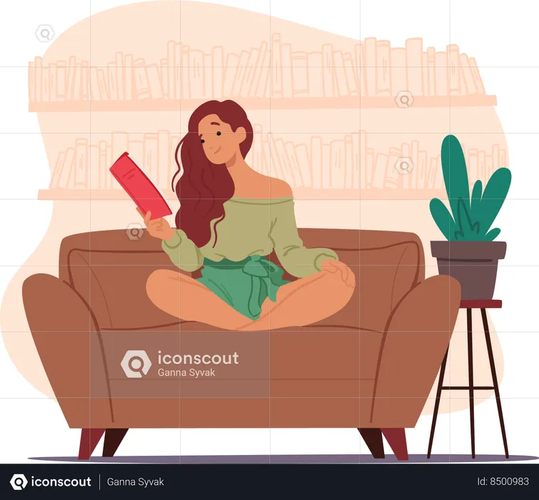 La chica está leyendo un libro mientras está sentada en el sofá  Ilustración