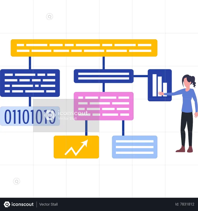 La chica está mirando el diagrama de flujo.  Ilustración