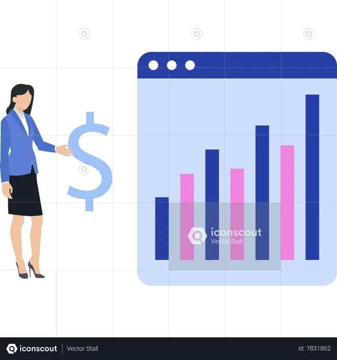 La chica está mirando el gráfico del dólar  Ilustración