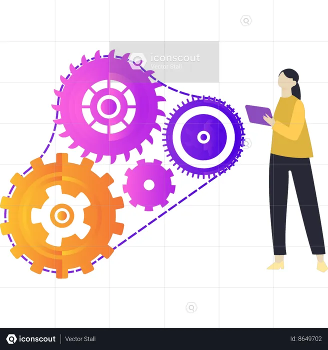 La chica está mirando la configuración de la rueda dentada.  Ilustración