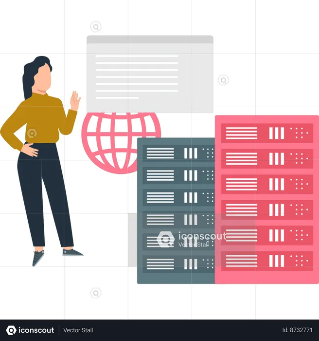 La chica muestra servidores de bases de datos globales.  Ilustración