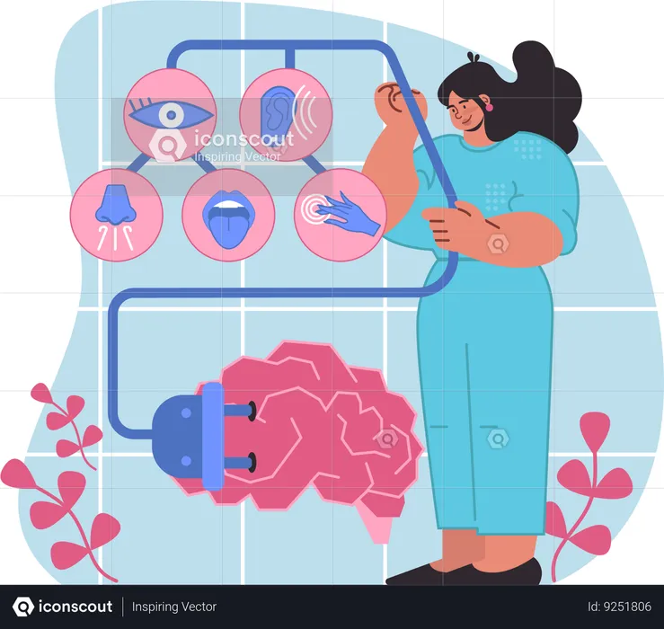 Niña explorando los cinco sentidos visuales conectados con la función cerebral  Ilustración