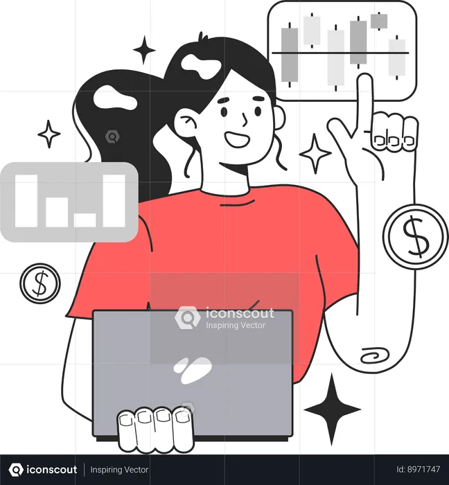 Chica feliz haciendo análisis financiero  Ilustración