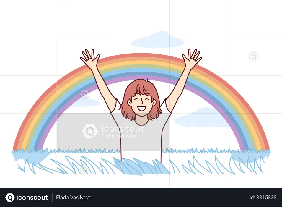 Niña feliz observa cómo apareció el arco iris en el cielo después de la lluvia  Ilustración