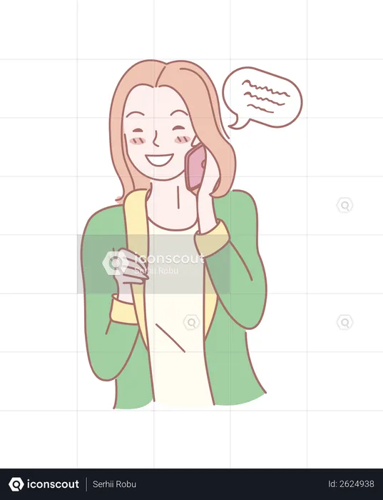 Chica feliz sonriendo mientras habla por teléfono  Ilustración