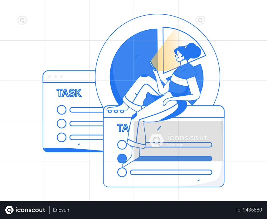 Chica haciendo análisis de tareas usando el móvil  Ilustración