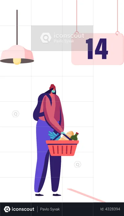 Chica haciendo compras de comestibles en cuarentena pandémica de Covid19  Ilustración