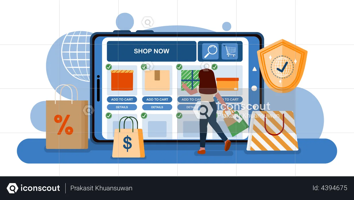 Chica haciendo compras online con derechos del consumidor.  Ilustración