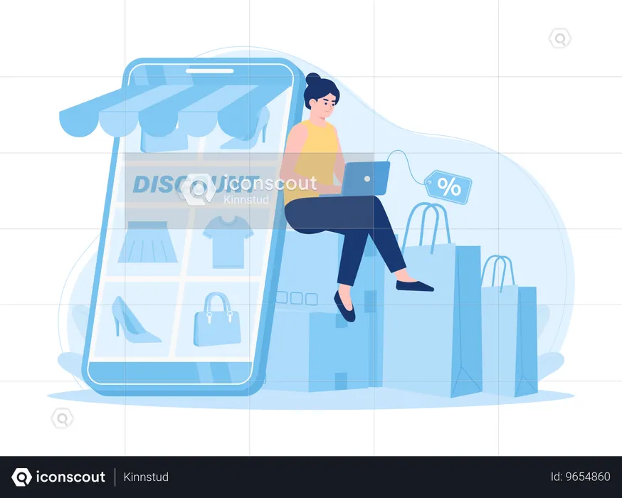 Chica haciendo compras en línea usando una computadora portátil  Ilustración