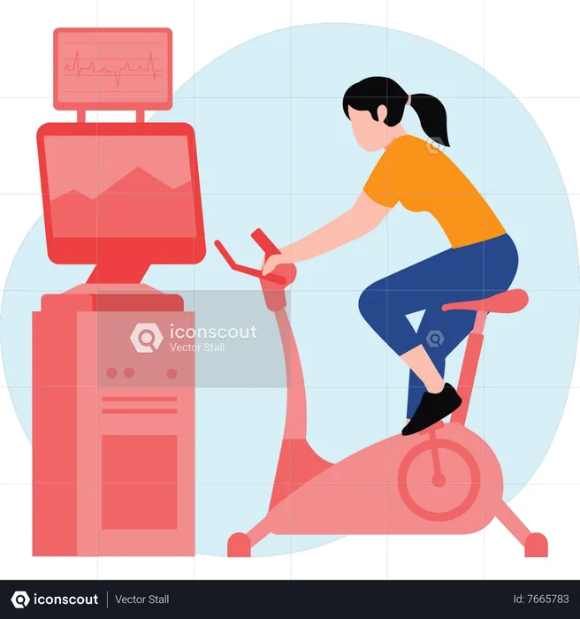 Chica haciendo ejercicio en la máquina de ciclismo  Ilustración