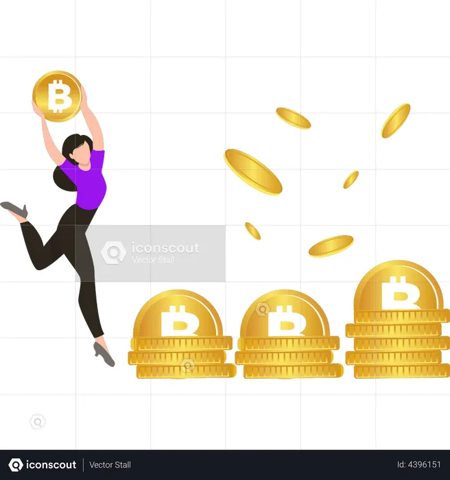 Chica sosteniendo bitcoin  Ilustración