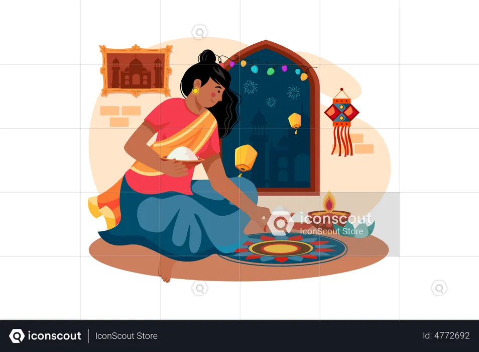 Niña india dibujando Diwali Rangoli en el suelo  Ilustración