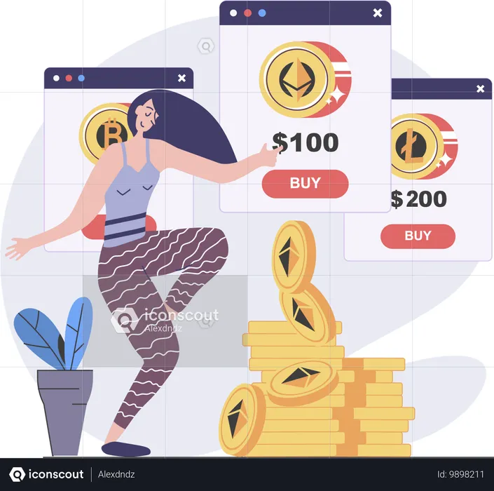 Chica invirtiendo en criptomonedas  Ilustración