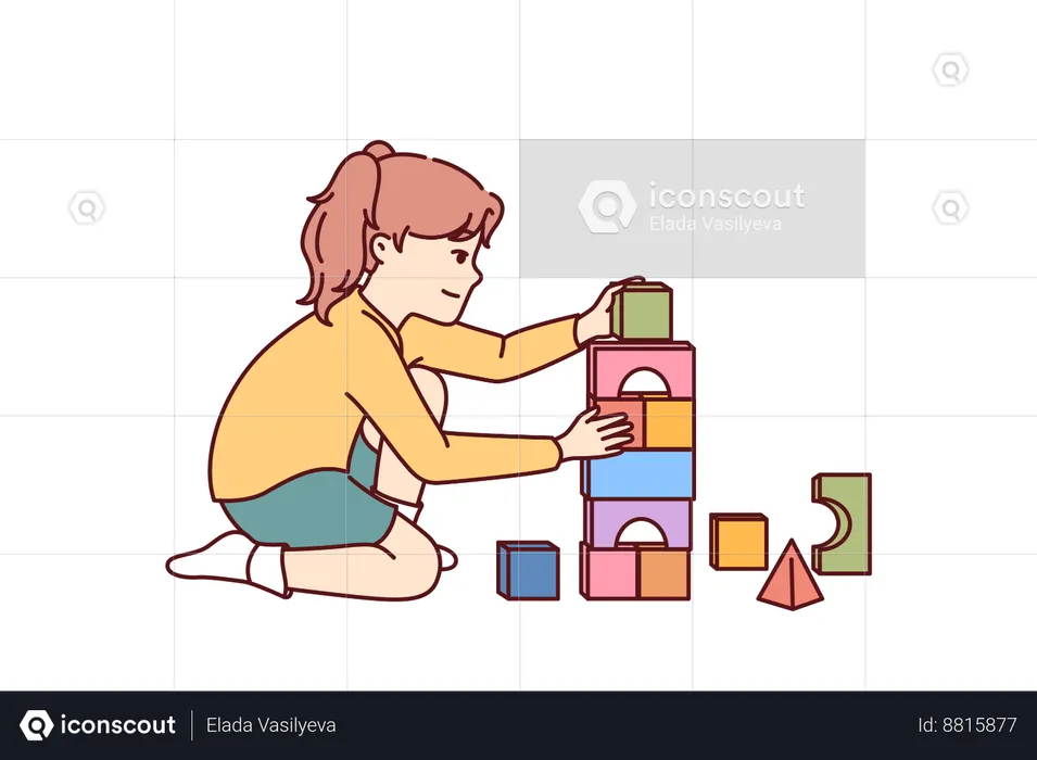 La niña juega al juego de bloques de construcción  Ilustración