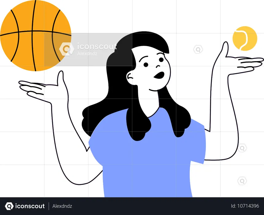 Niña jugando con baloncesto y tenis  Ilustración